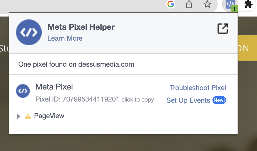Screenshot of Meta Pixel Helper extension to troubleshoot Facebook Pixel Issues