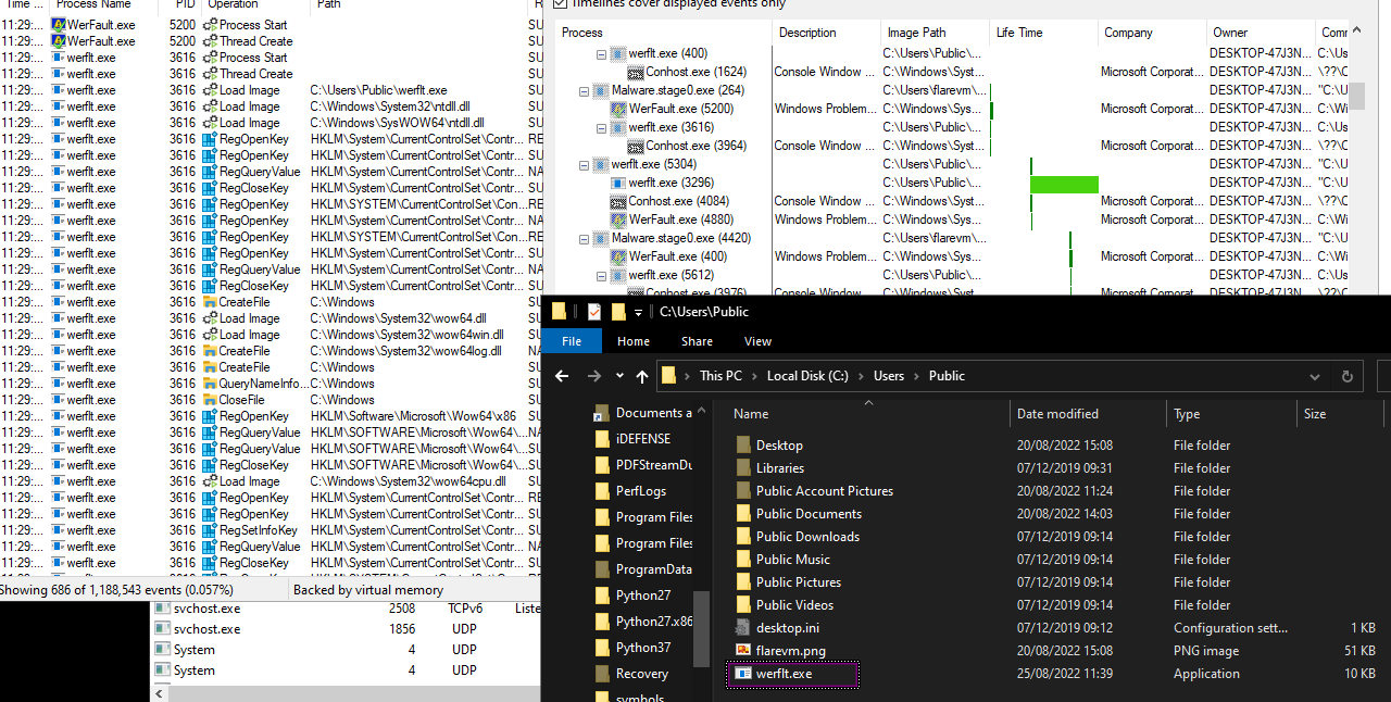 binary spawns a child process, werfault.exe, creating a new binary, werflt.exe, in the C:sersublic directory