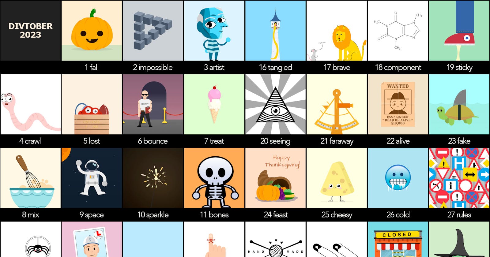 One HTML Tag. Thirty+ CSS Drawings -My Divtober 2023 Collection.