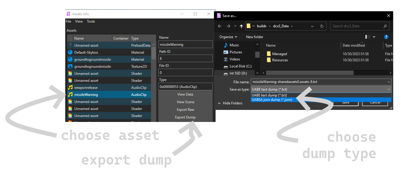 tutorial showing how to export dumps of assets in UABEA