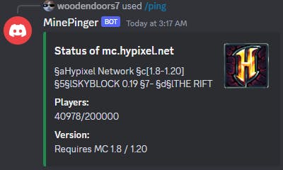 Discord embed containing info about hypixel