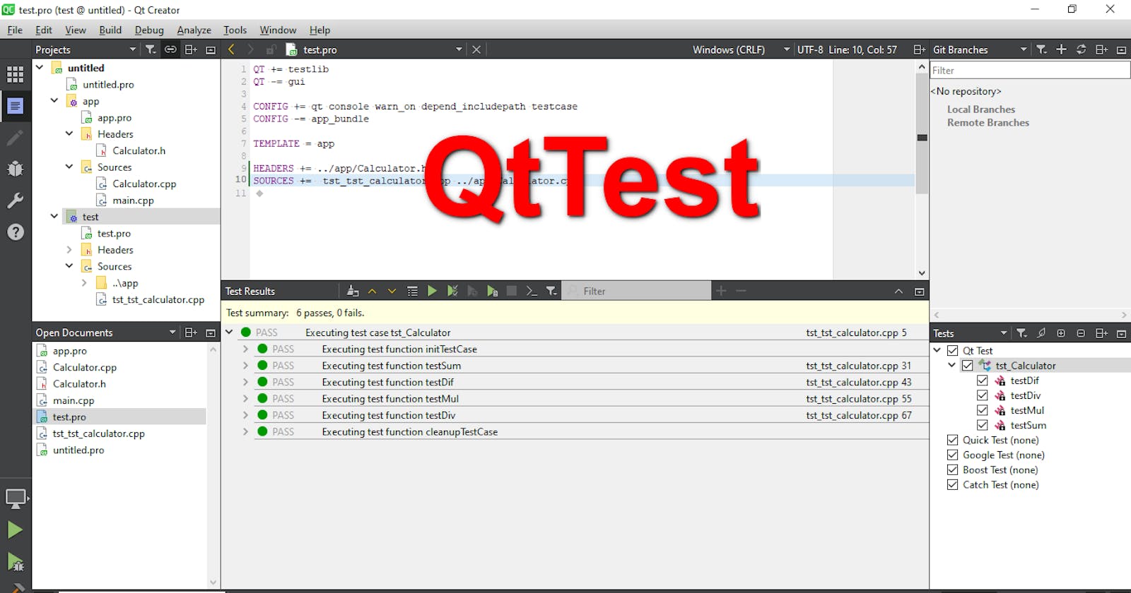 Как создать юнит-тест QtTest в среде разработки QtCreator