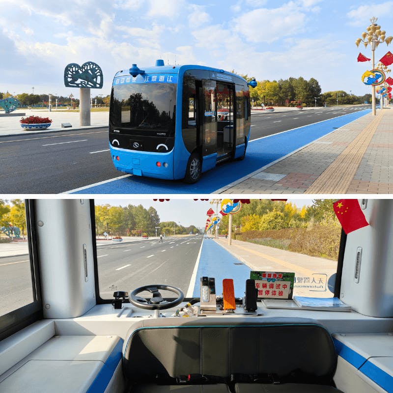 mały autobus bezzałogowy stoi na szerokiej ulicy, deska rozdzielcza z kierownicą bezzałogowego autobusu, siedzenie