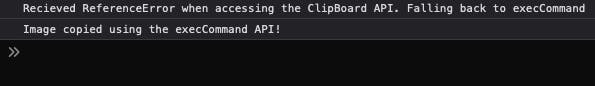 FireFox console showing a successful copy using the execCommand API