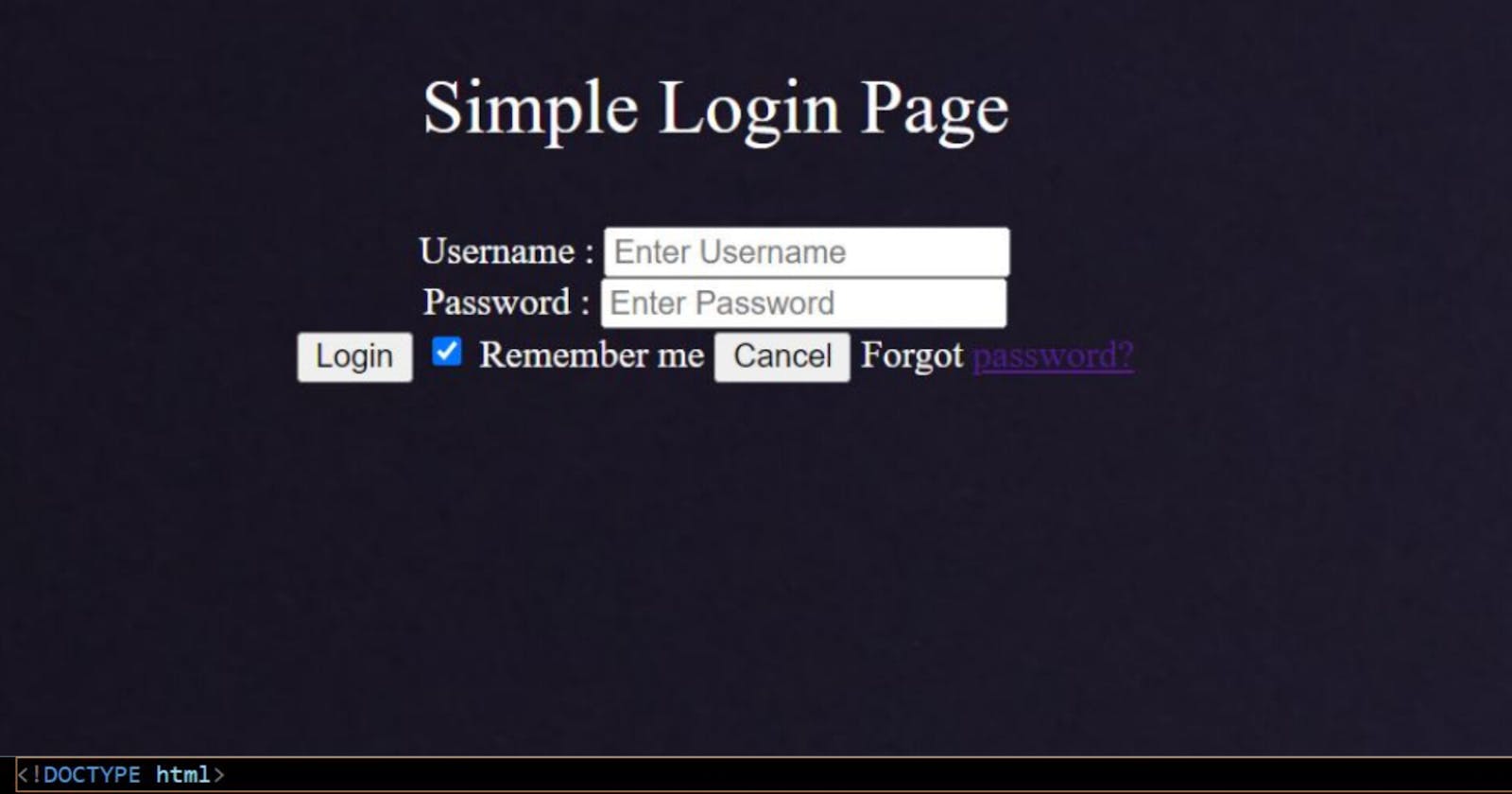 Simple login page using HTML: