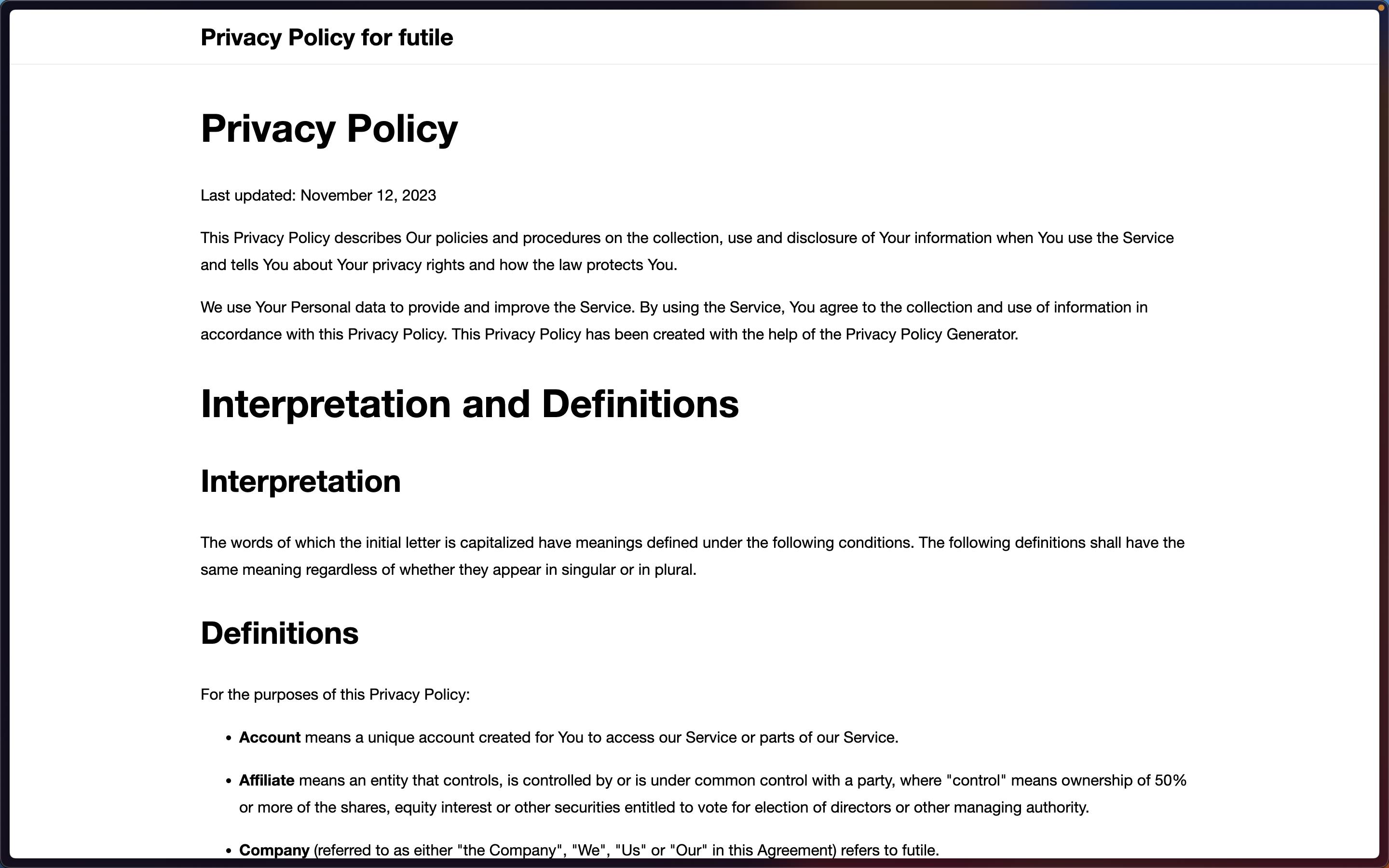 Example of a privacy policy and terms of use