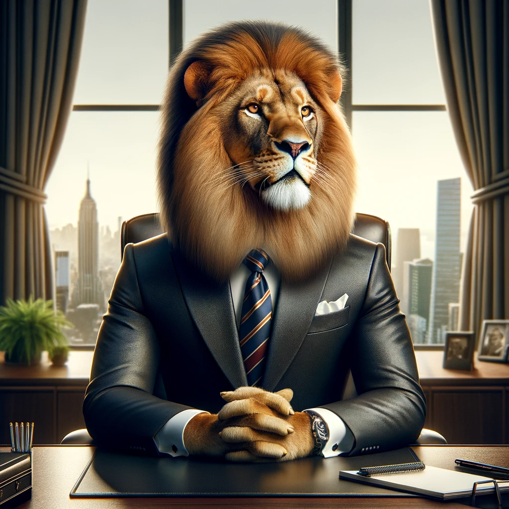 photorealistic image of a lion as a CEO, dressed in a business suit and positioned in a corporate office setting