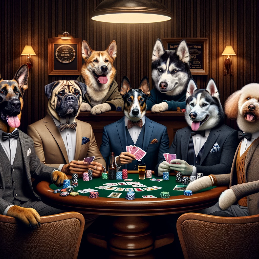 photorealistic image of different dog breeds dressed as humans and playing poker