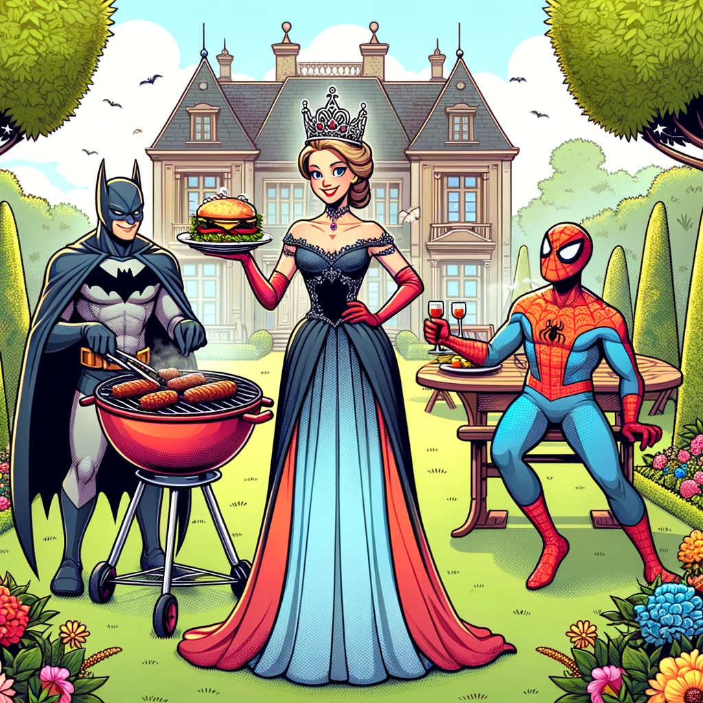a regal figure symbolizing a queen, joining the bat-themed and spider-themed superheroes in the garden barbecue