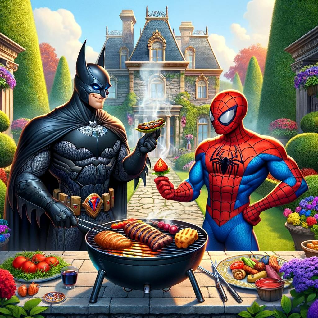 a bat-themed superhero and a spider-themed superhero enjoying a barbecue in a fancy garden