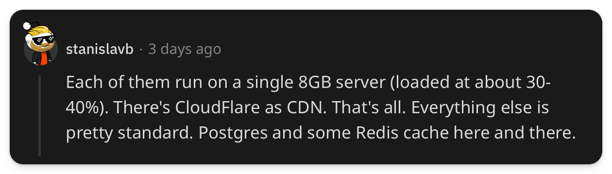 "Each of them run on a single 8GB server (loaded at about 30-40%). There's CloudFlare as CDN. That's all. Everything else is pretty standard. Postgres and some Redis cache here and there."