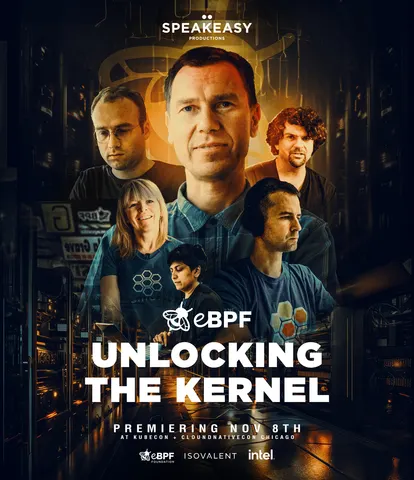 The poster for the film eBPF: Unlocking the Kernel. It contains photos of several folks who were interviewed for the film.