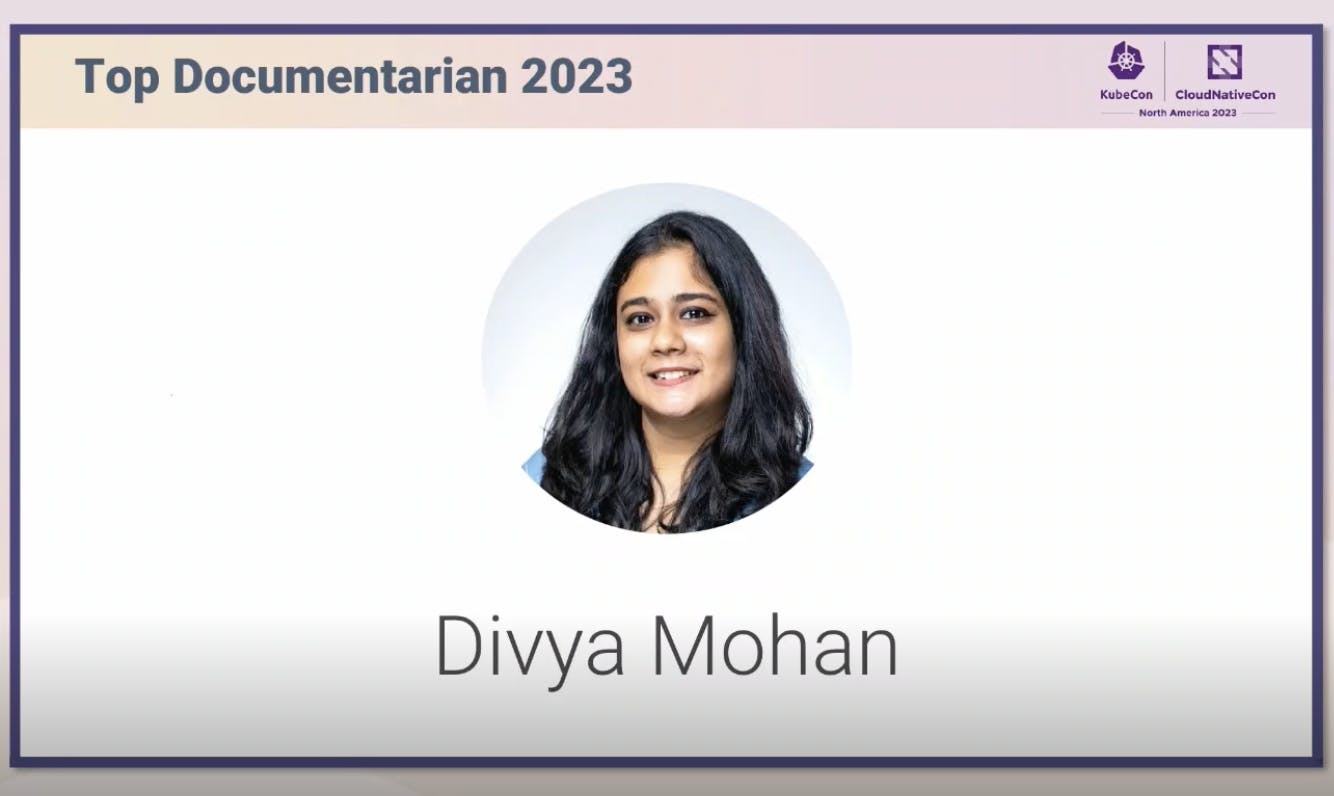 A slide showing a photo of Divya Mohan, winner of the Top Documentarian award for 2023
