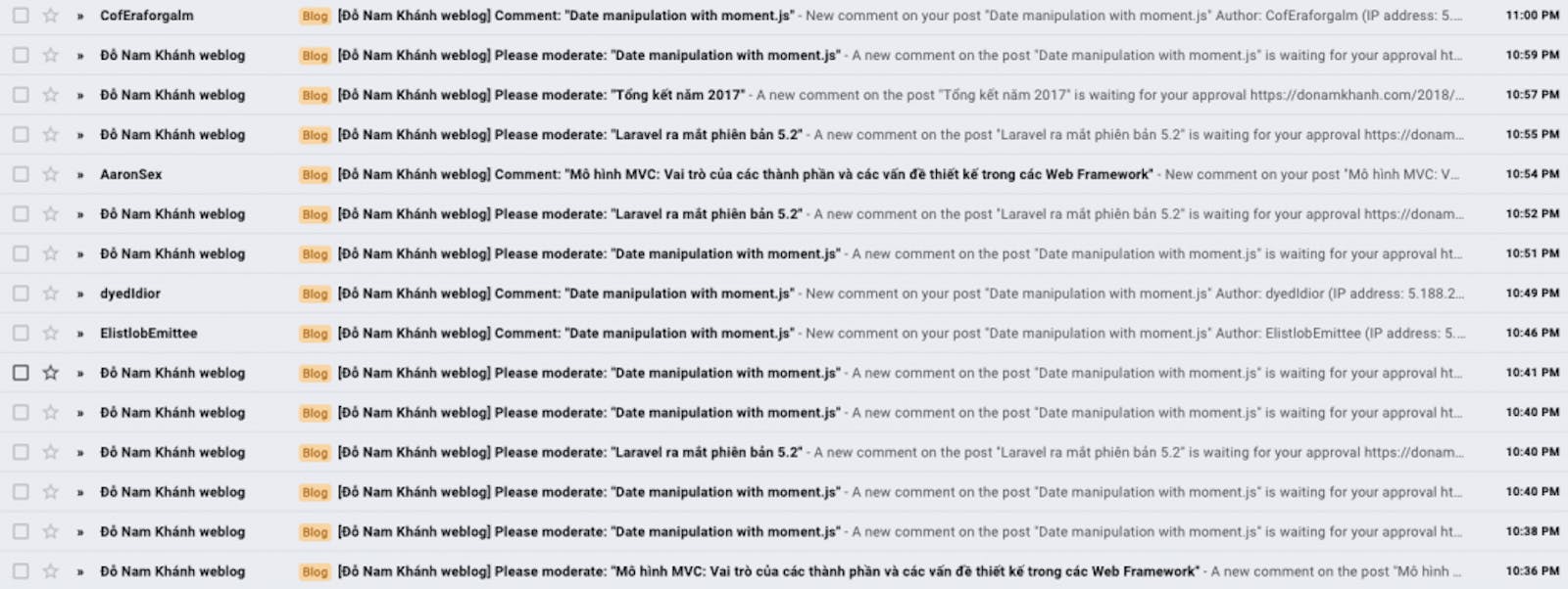 Blog bị spam comment