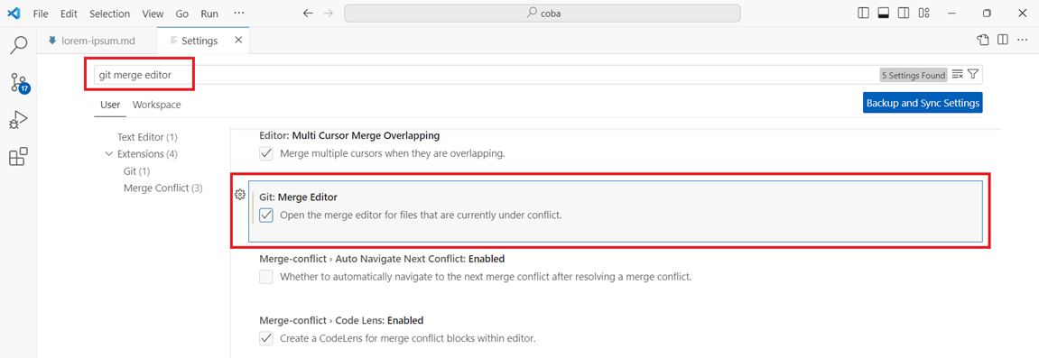 Git Merge Editor setting on VS Code