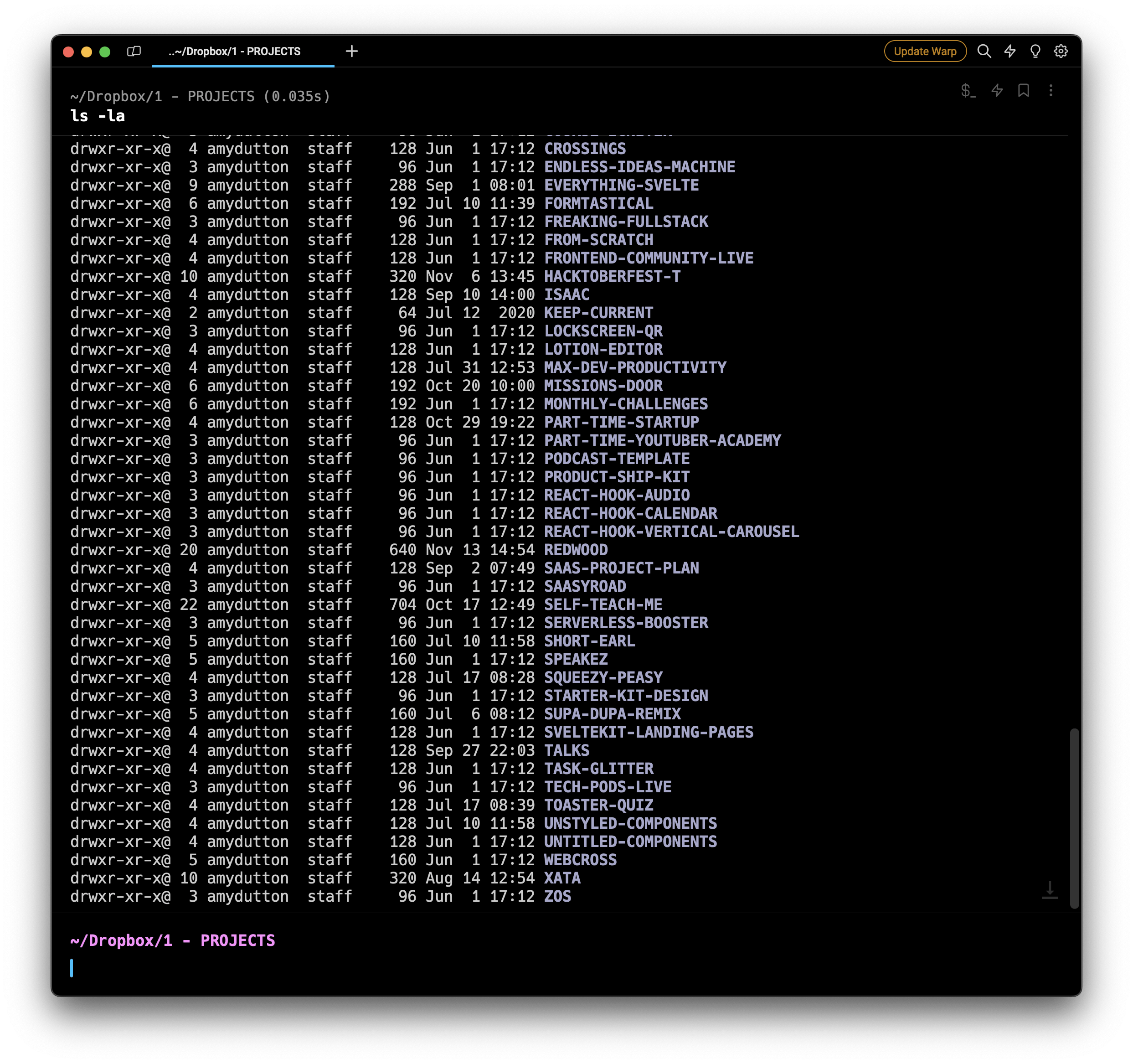 Detailed file listing within the Terminal