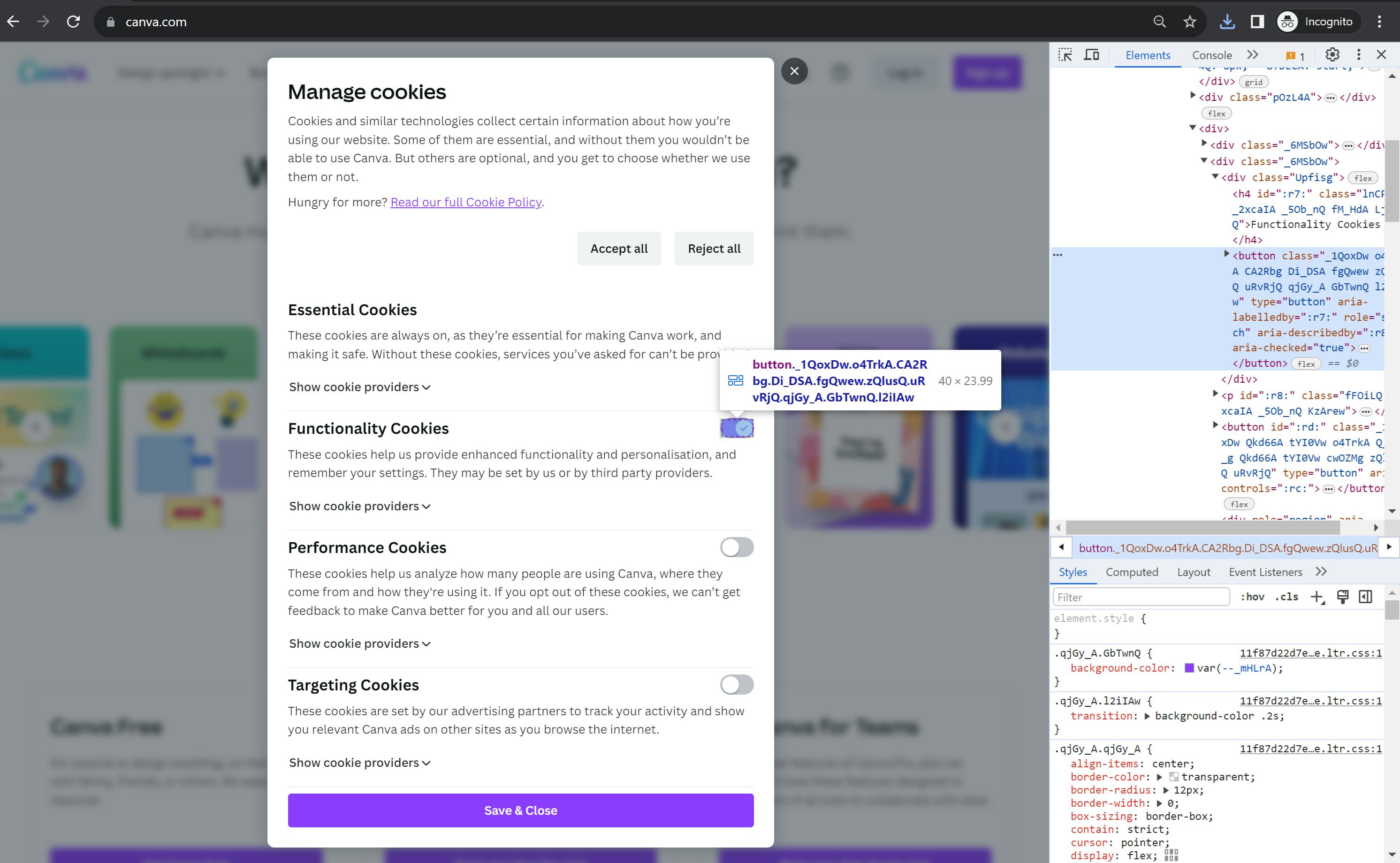 A screen of the cookie preferences modal on Canva with inspect mode open. The switch for Functional cookies element is highlighted in the Element tab in the dev inspector.