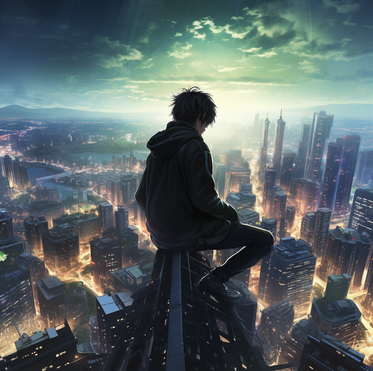 cool teenager on a skyscraper looking down the city, digital art