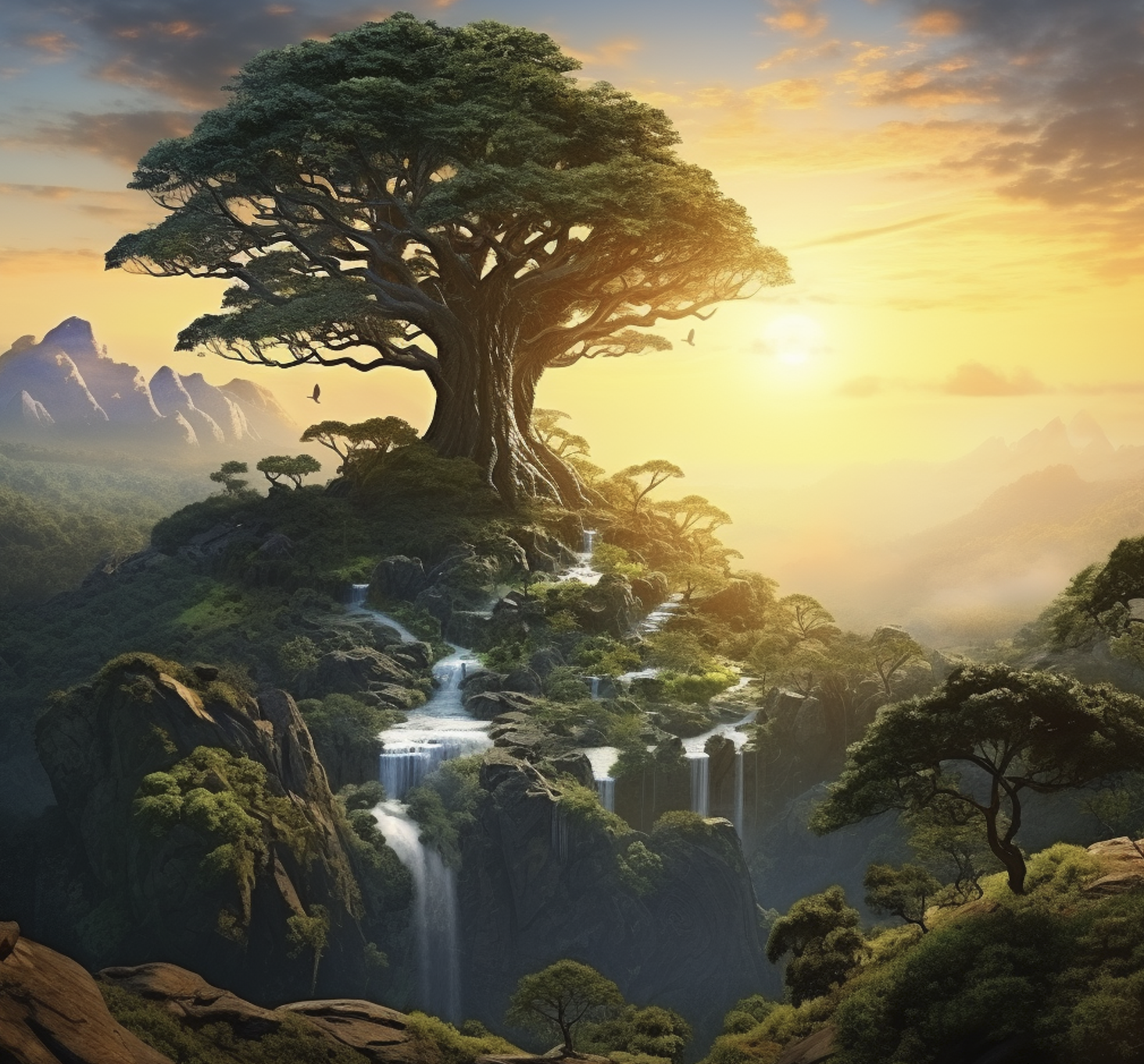 massive tree of life in garden of eden, sunrise far away and some mountains