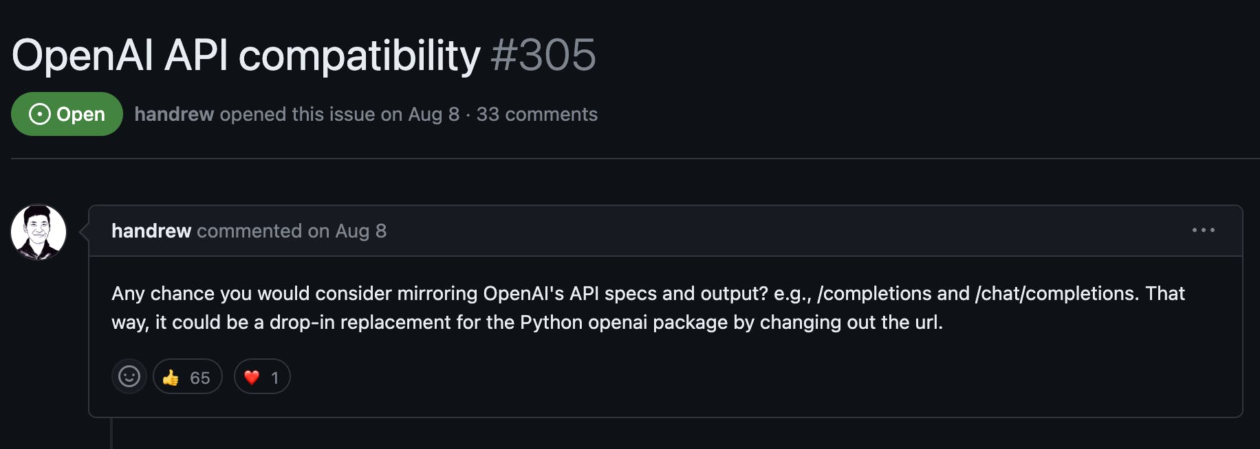 GitHub issues with regards to improving OpenAI API Compatibility