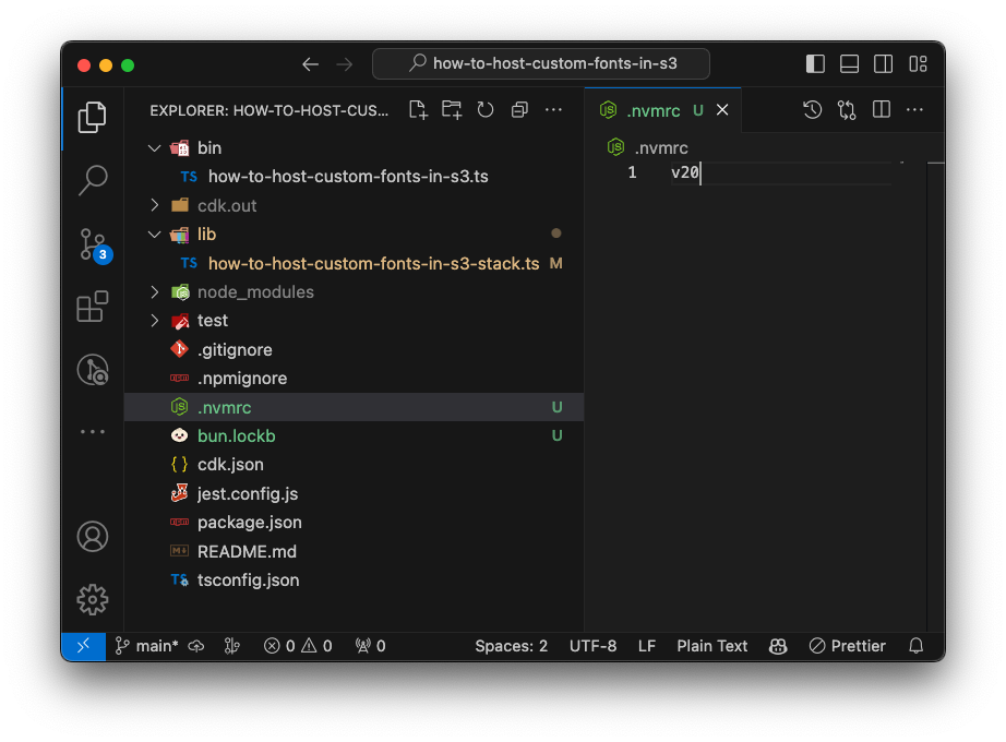 VSCode with a .nvmrc file created with value v20