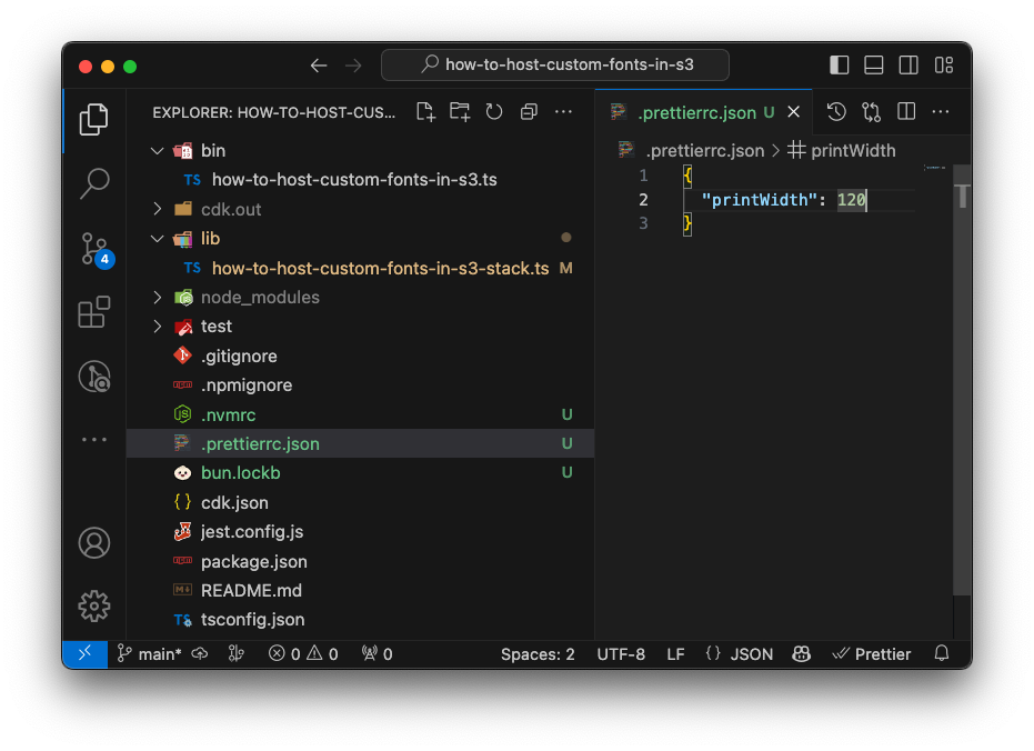 VSCode with a .prettierrc.json file created with printWidth of 120