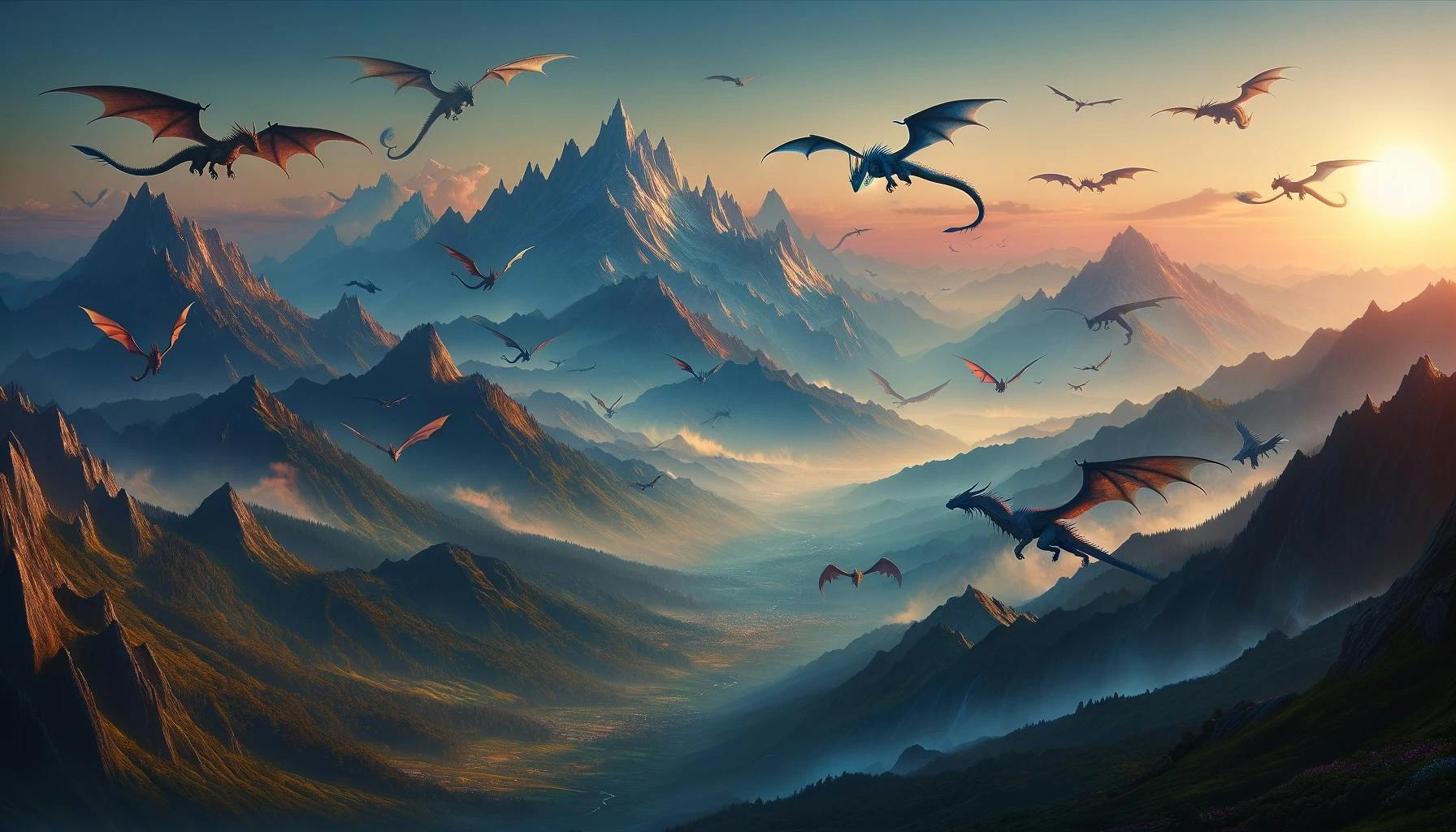 Dragons flying over a vale