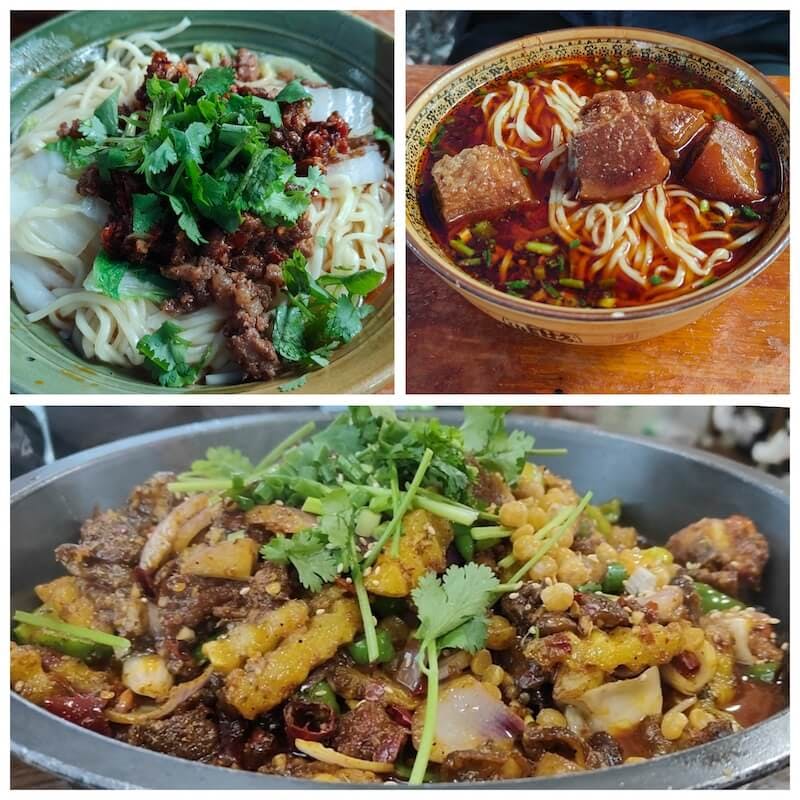 3 dania syczuańskie, pełne warzyw, mięsa i klusek