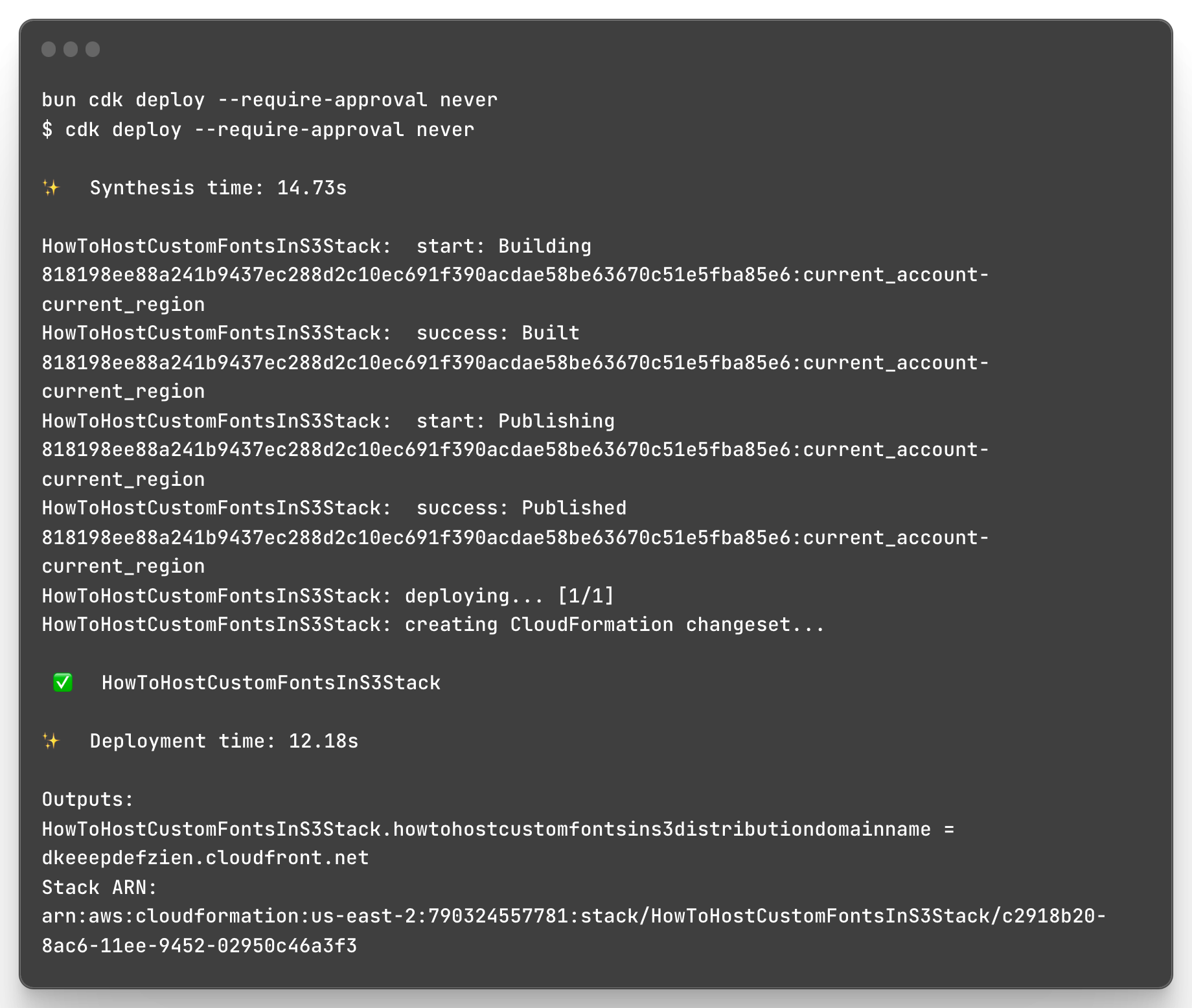 Image of terminal output after running bun cdk deploy