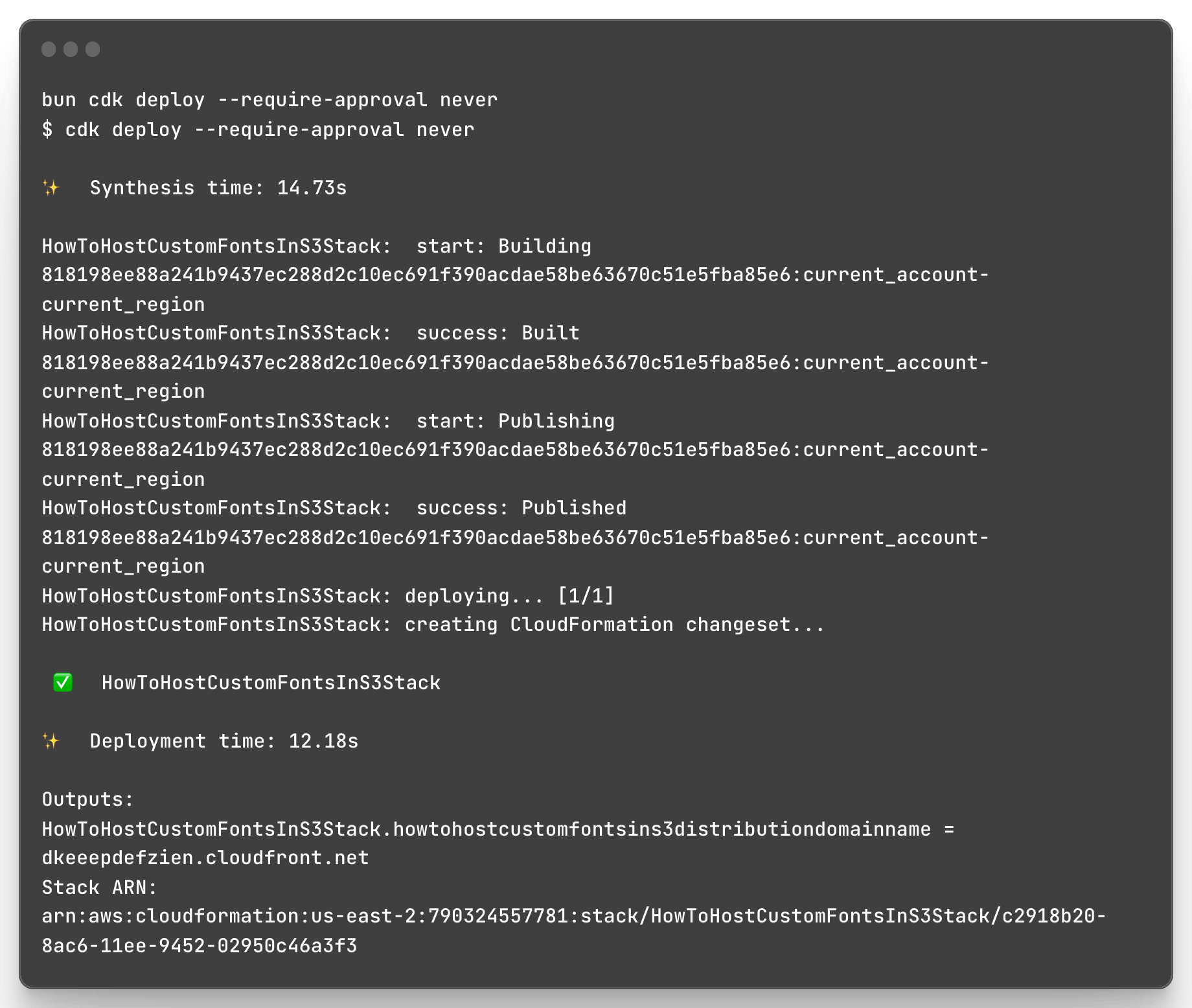 Image of terminal output after running bun cdk deploy