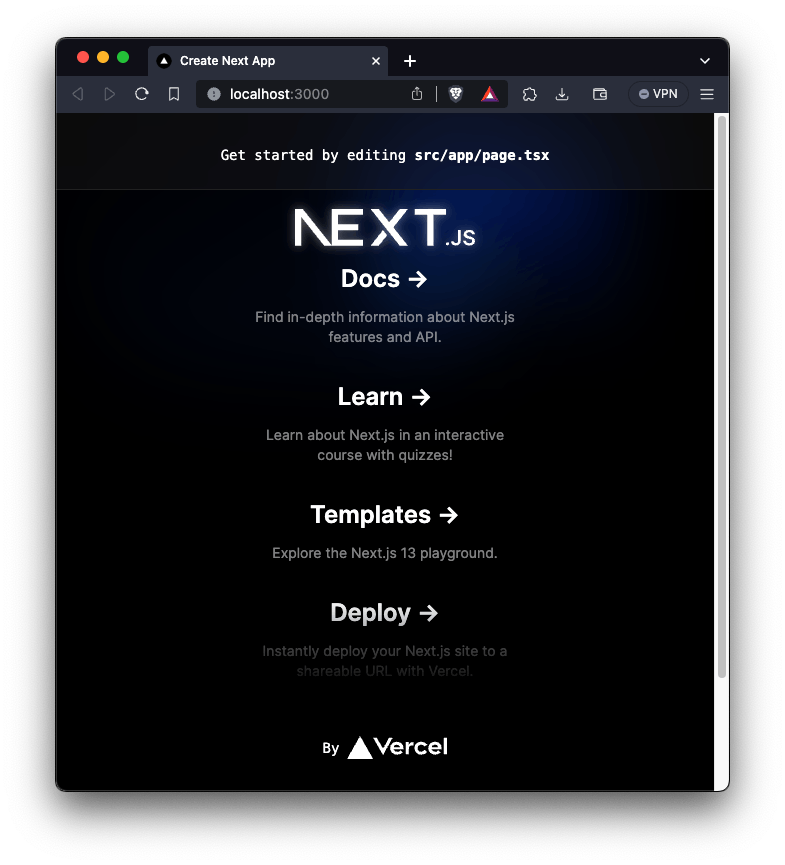 Image of the default Next.js page layout after running bun dev