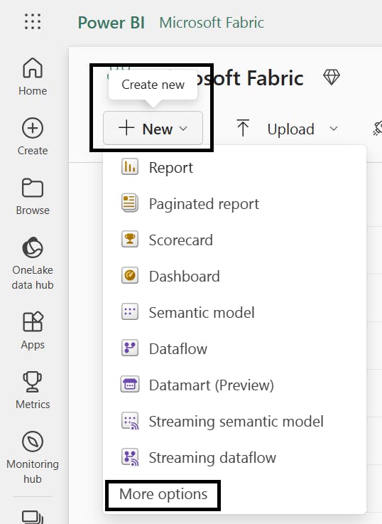 Screenshot of New and More Options in Fabric Workspace