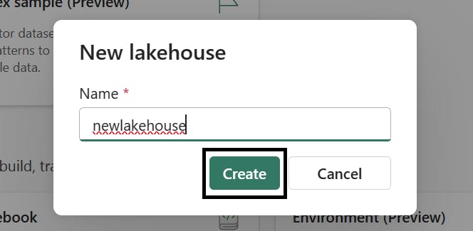 Screenshot of Create New Lakehouse pop up
