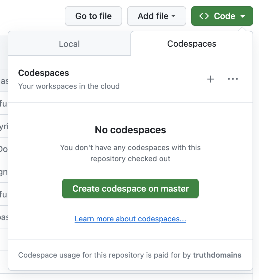 Showing the dialogue in for Codespaces within a project on GitHub