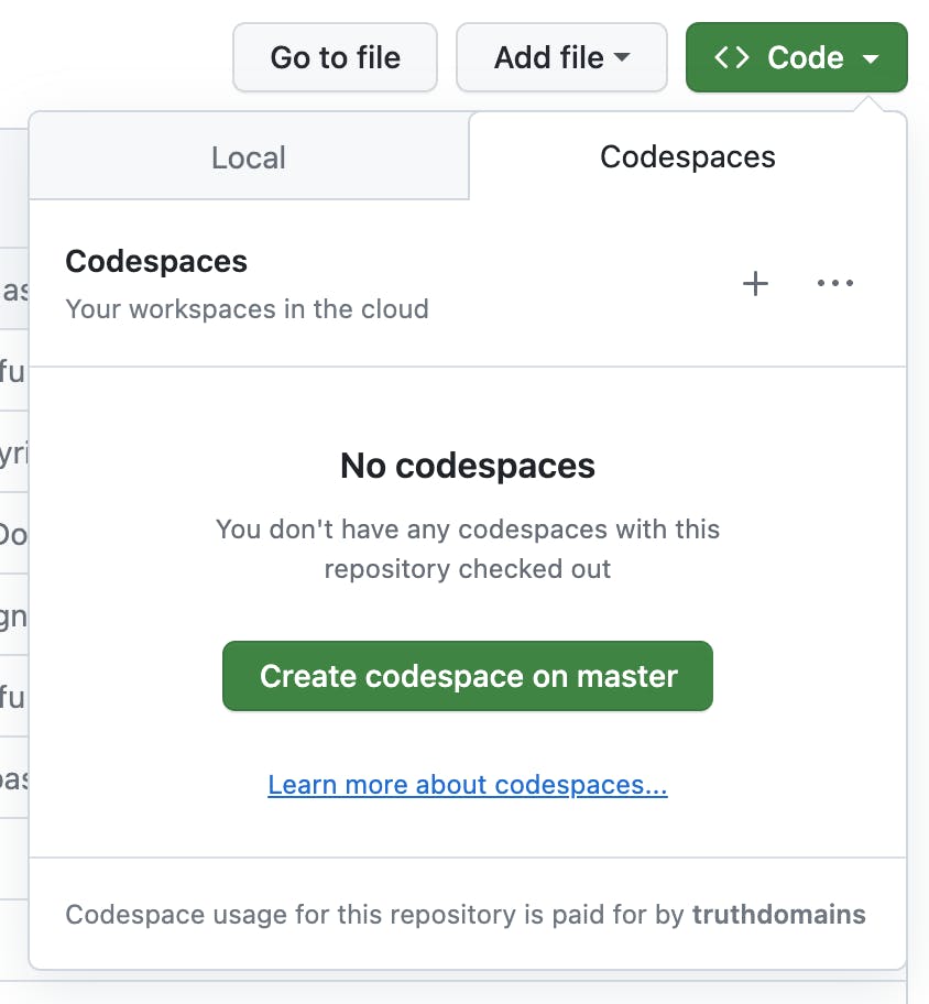 Showing the dialogue in for Codespaces within a project on GitHub