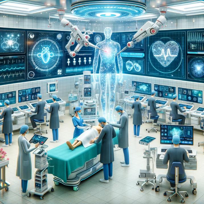 Revolutionizing Healthcare with AI Innovations, is represented by an image showing AI's transformative role in a futuristic healthcare setting.