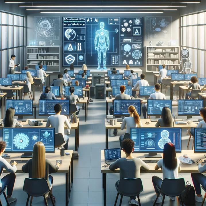 This image illustrates an educational setting focused on training in AI and technology, highlighting the importance of equipping the workforce with AI knowledge and skills.