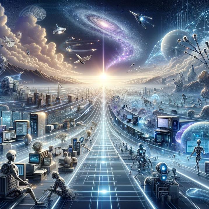 This image encapsulates the dynamic and ongoing evolution of AI technology, depicting a futuristic landscape symbolizing the continuous growth and innovation in AI.