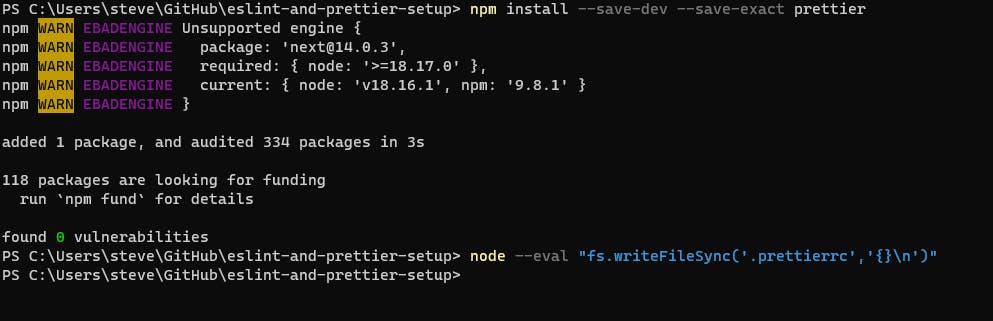 Terminal output showing the installation and setup of prettier