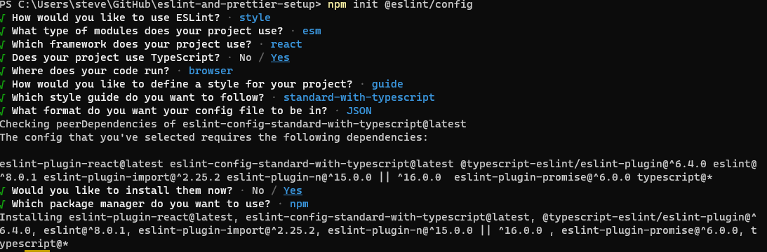 Terminal showing the install and initialisation of ESLint
