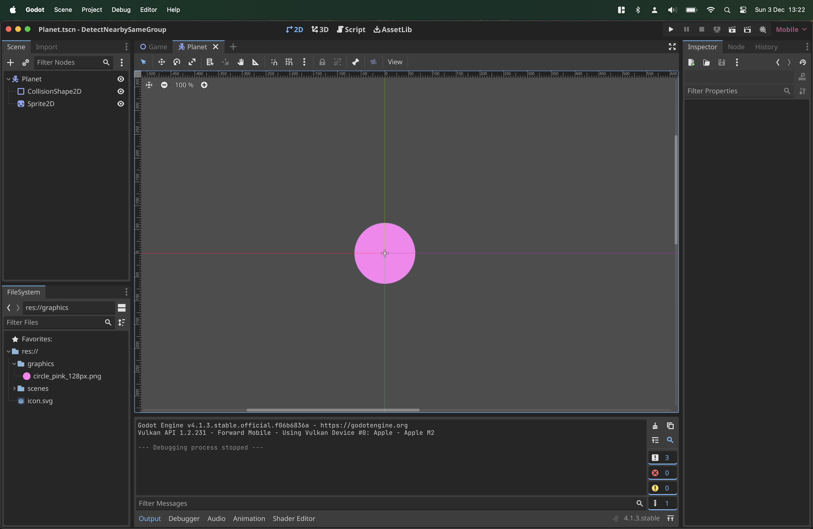 CharacterBody2D node basic setup with a Sprite2D and CollisionShape2D