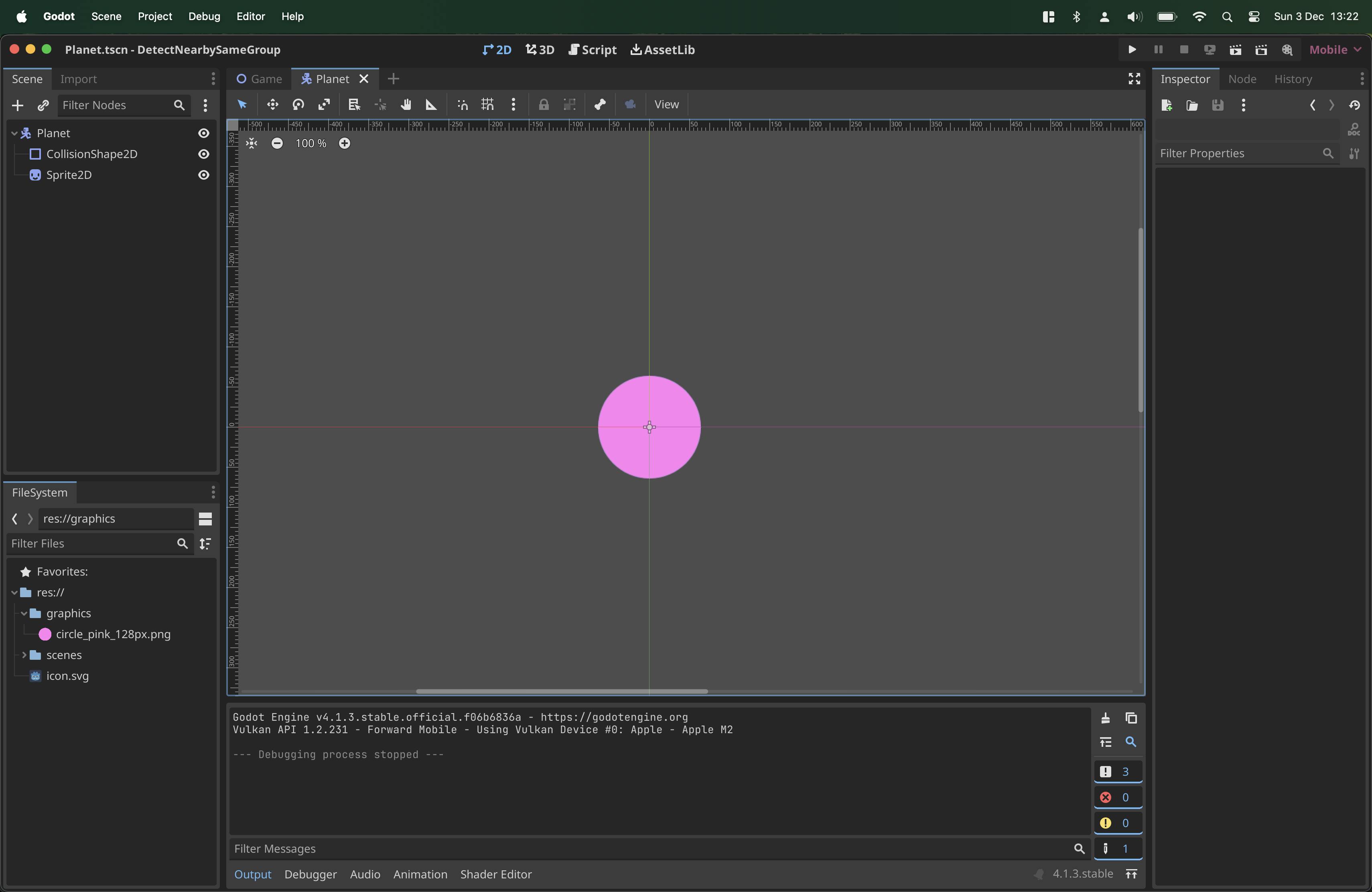 CharacterBody2D node basic setup with a Sprite2D and CollisionShape2D