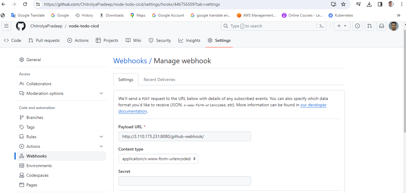 how to add webhook in gitHub