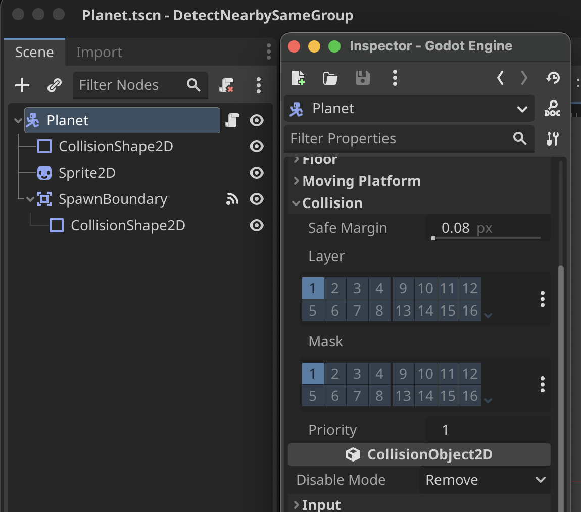 Setting the collision layers and masks for the Planet scene