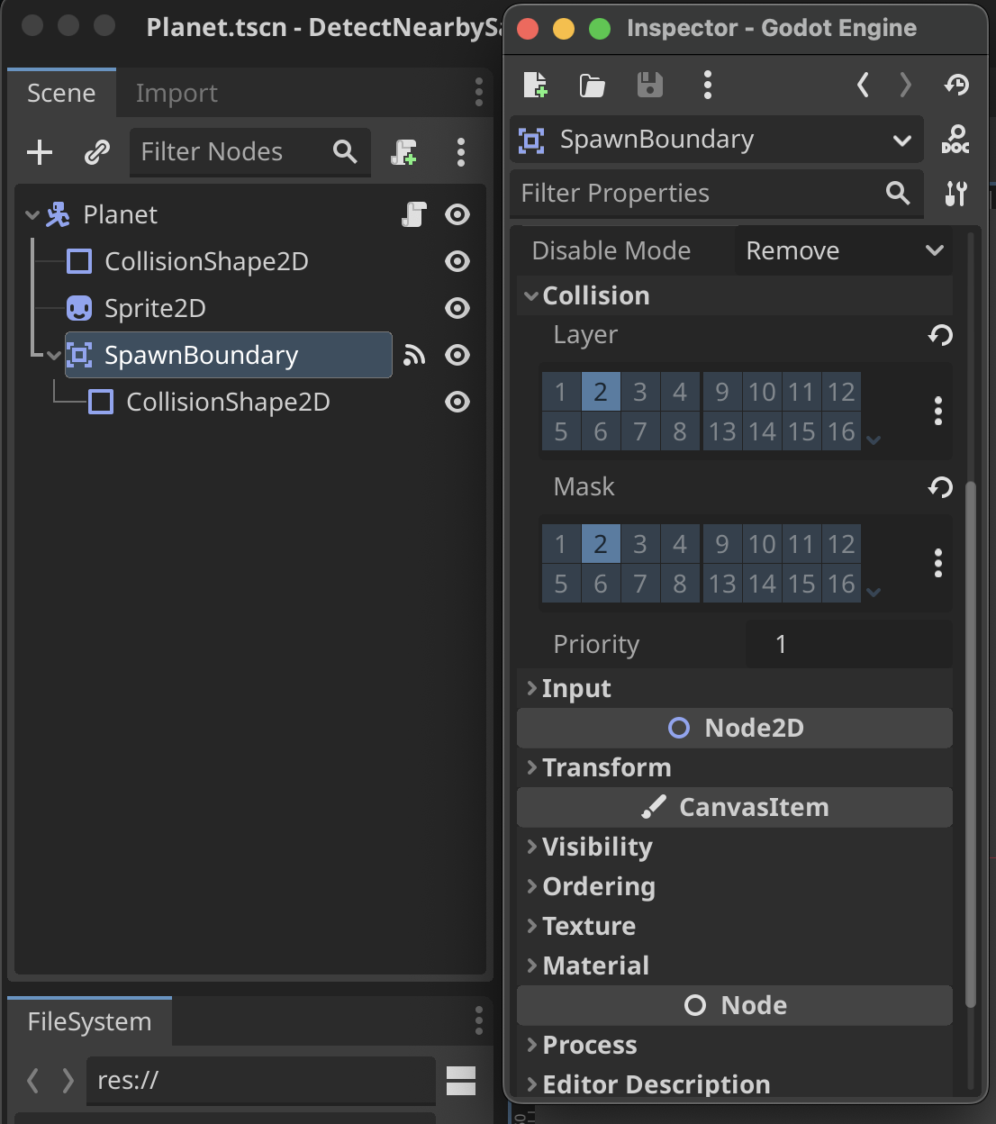 Setting the collision layer and mask for the SpawnBoundary node