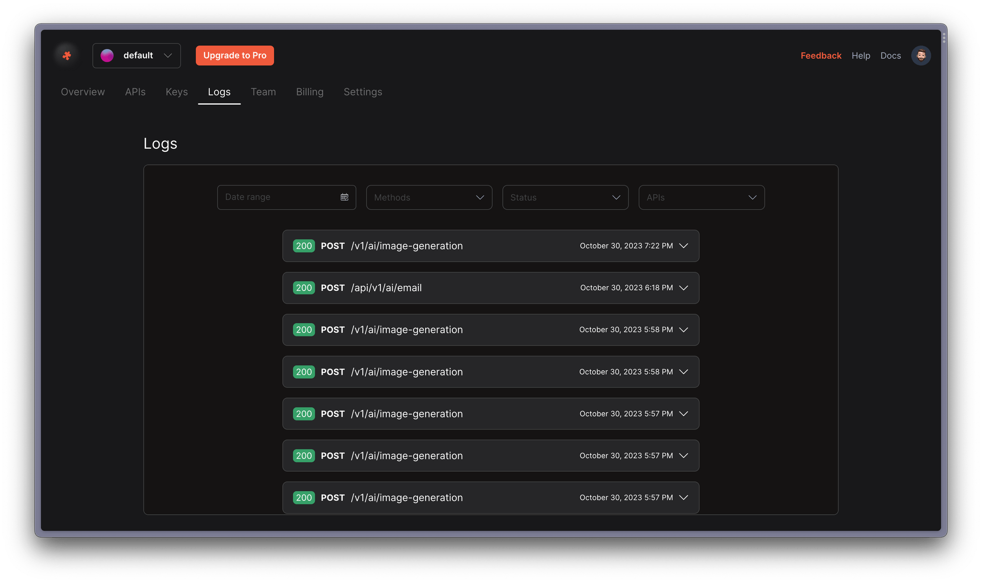 JigsawStack dashboard logs page