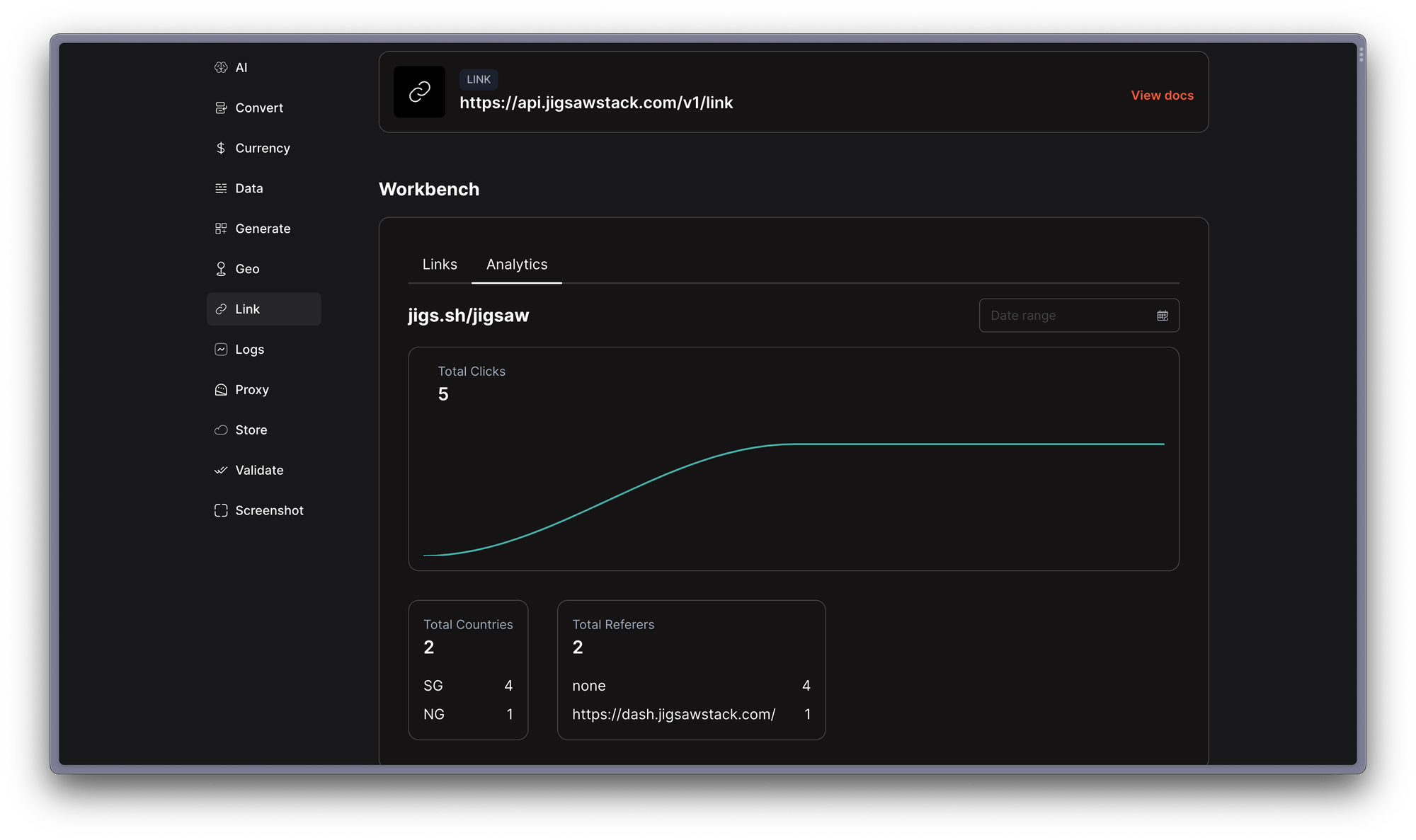 Example of JigsawStack workbench UI of the Link shortener API