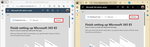 A screenshot of two edge browser windows in different profiles side by side logged into two different Microsoft 365 tenants.
