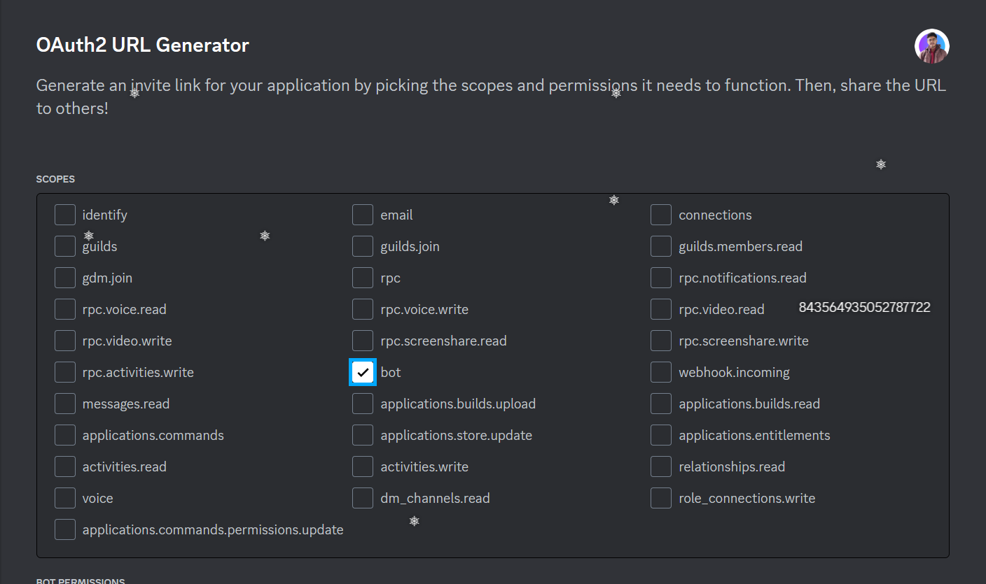 OAuth2 tab, with scope set to "bot" and permissions set to "administator"