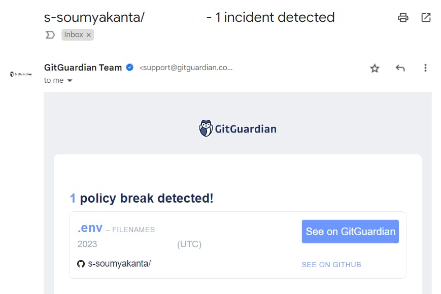 a mail receive from gitguardian by informing that you pushed .env file.